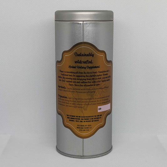 Silver cylindrical container with a brown label on a white background