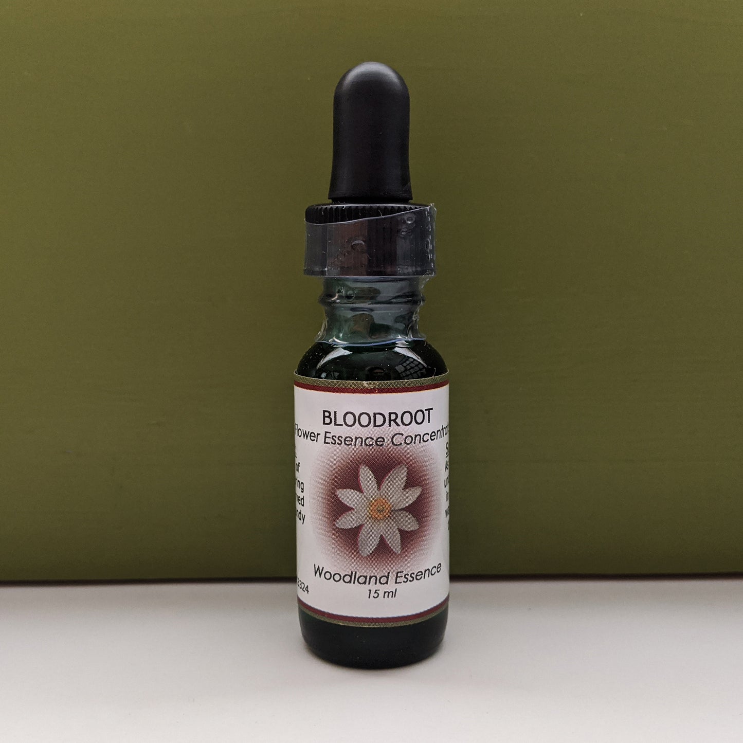 Bloodroot Flower Essence bottle against green background