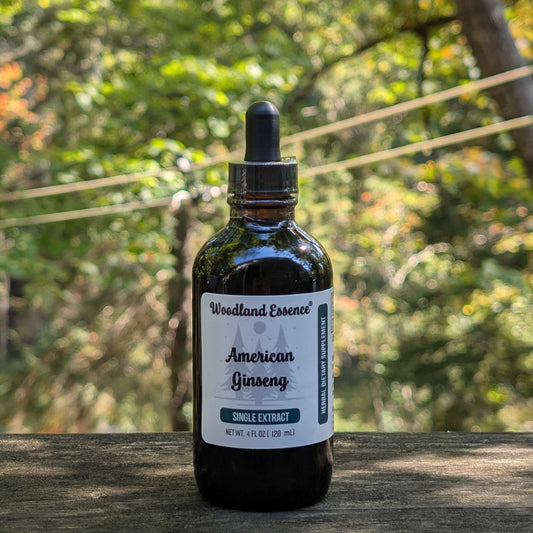 Bottle of Woodland Essence American Ginseng extract on a wooden surface with a forest background