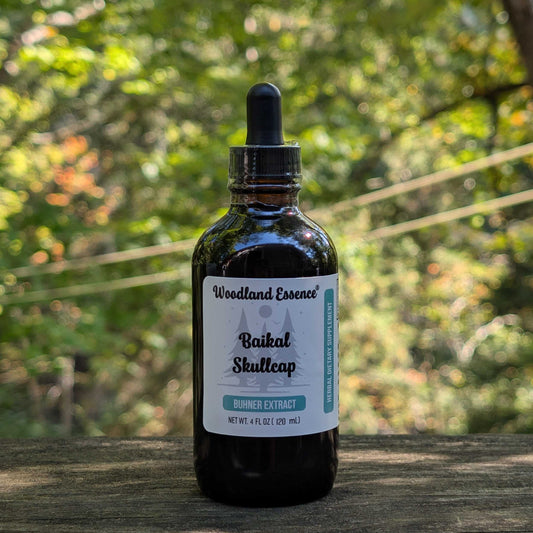 Bottle of Woodland Essence Baikal Skullcap Extract on a wooden surface with a blurred natural background