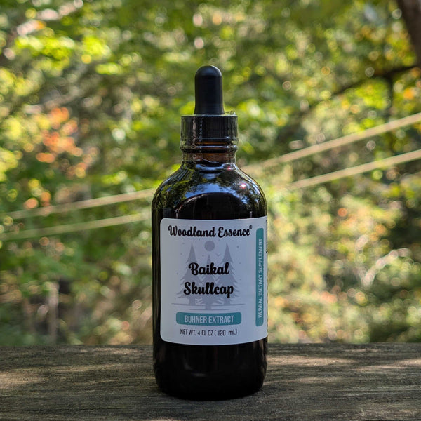 Bottle of Woodland Essence Baikal Skullcap Extract on a wooden surface with a blurred natural background