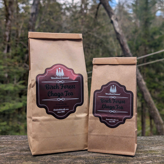 16 o chaga bag and 4oz chaga bag on wooden ledge 
