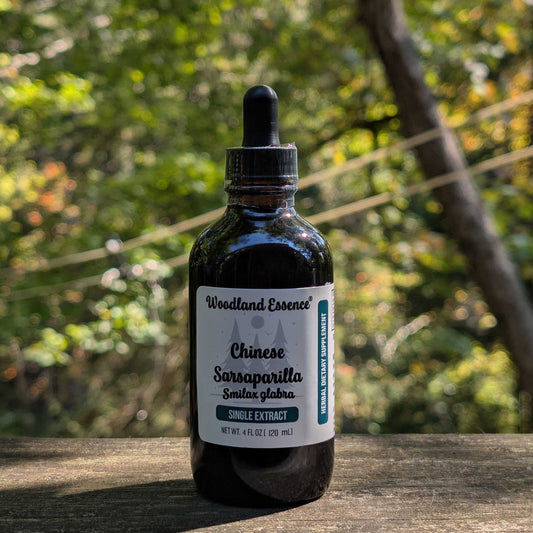 Bottle of Woodland Essence Chinese Sarsaparilla extract on a wooden surface with a blurred natural background