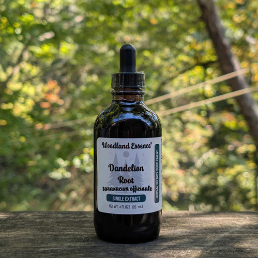 Bottle of Woodland Essence Dandelion Root tincture on a wooden surface with a natural background