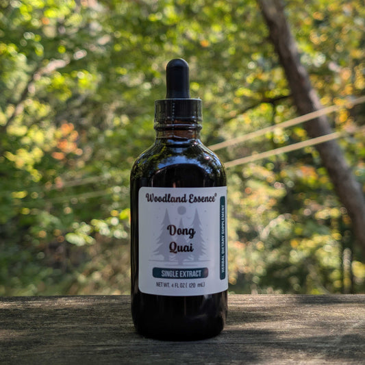 Bottle of Woodland Essence Dong Quai extract on a wooden surface with a forest background