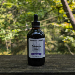 Bottle of Woodland Essence Echinacea Plus on a wooden surface with a blurred natural background