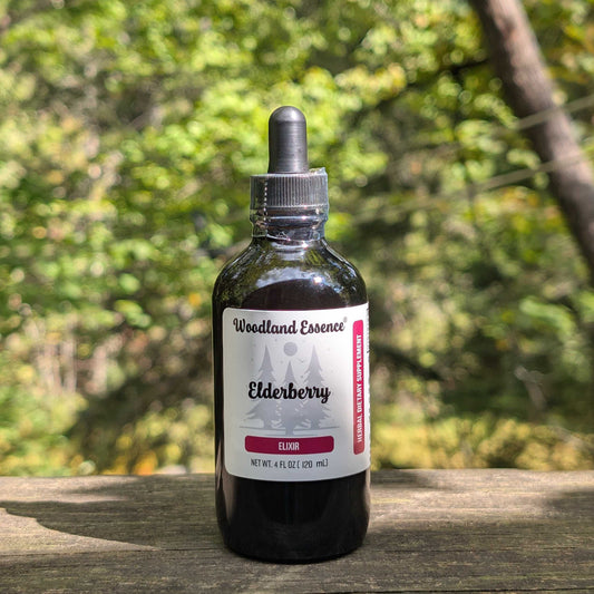 Bottle of Woodland Essence Elderberry Elixir on a wooden surface with a blurred natural background