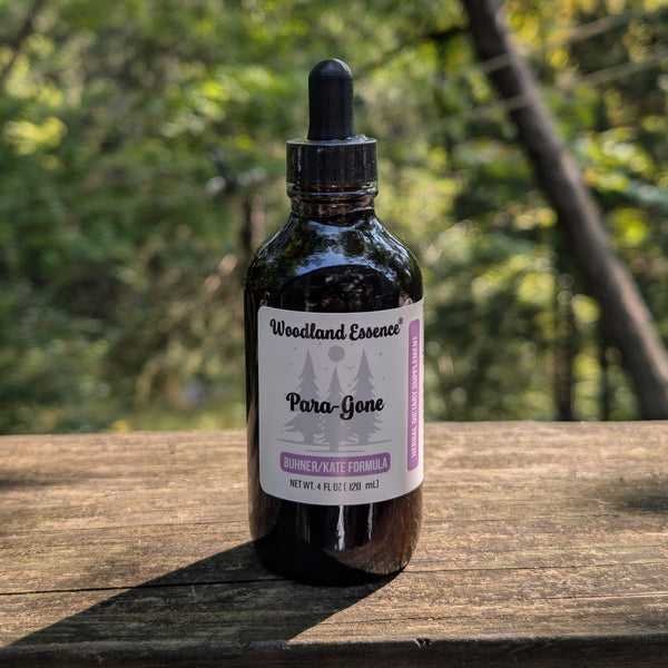 Bottle of Woodland Essence Para-Gene on a wooden surface with a blurred natural background