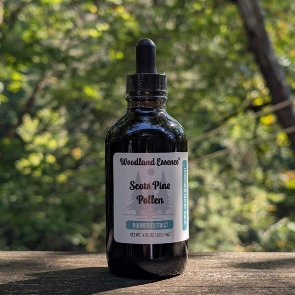 Bottle of Woodland Essence Scots Pine Pollen Extract on a wooden surface with a natural background