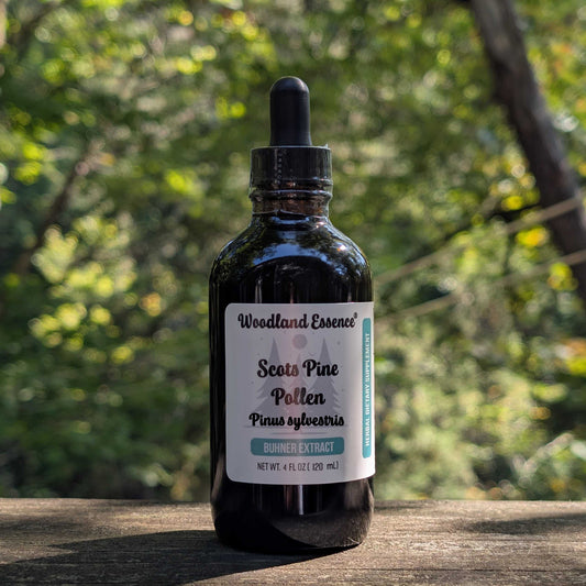 Bottle of Woodland Essence Scots Pine Pollen on a wooden surface with a blurred natural background