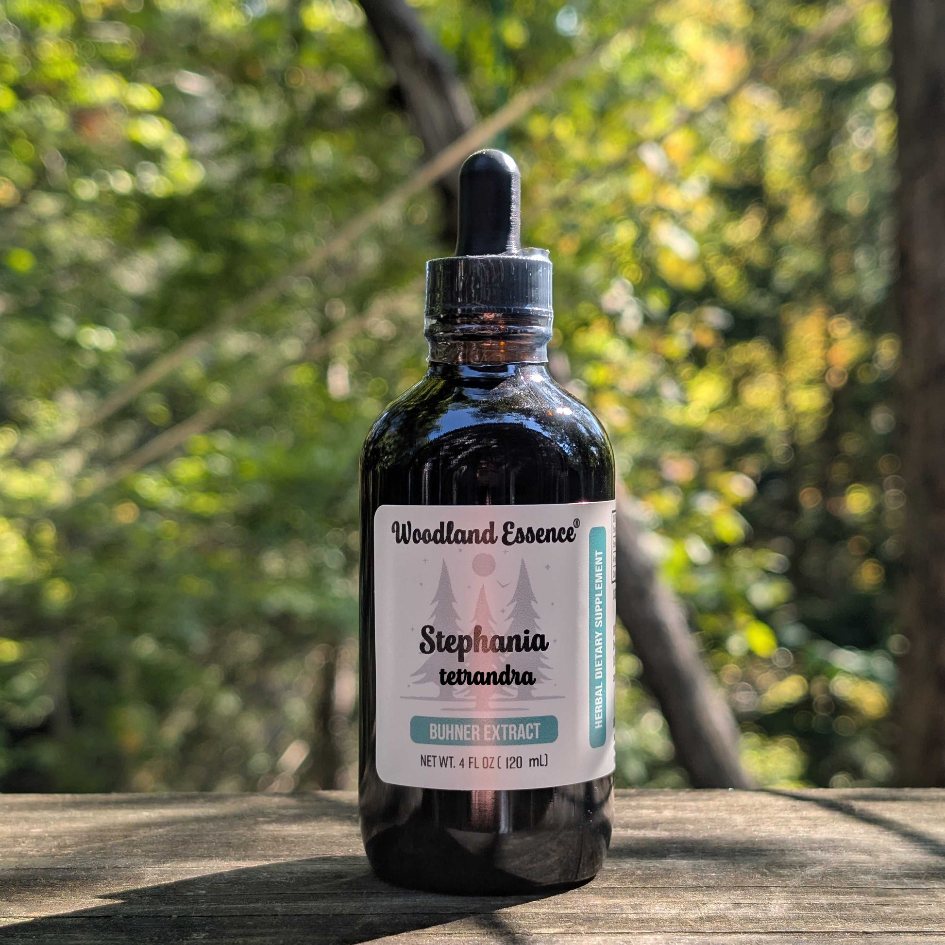 Bottle of Woodland Essence Stephania tetrandra tincture on a wooden surface with a natural background