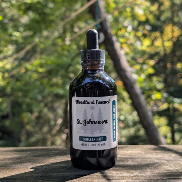 Bottle of Woodland Essence St. Johnswort extract on a wooden surface with a blurred natural background