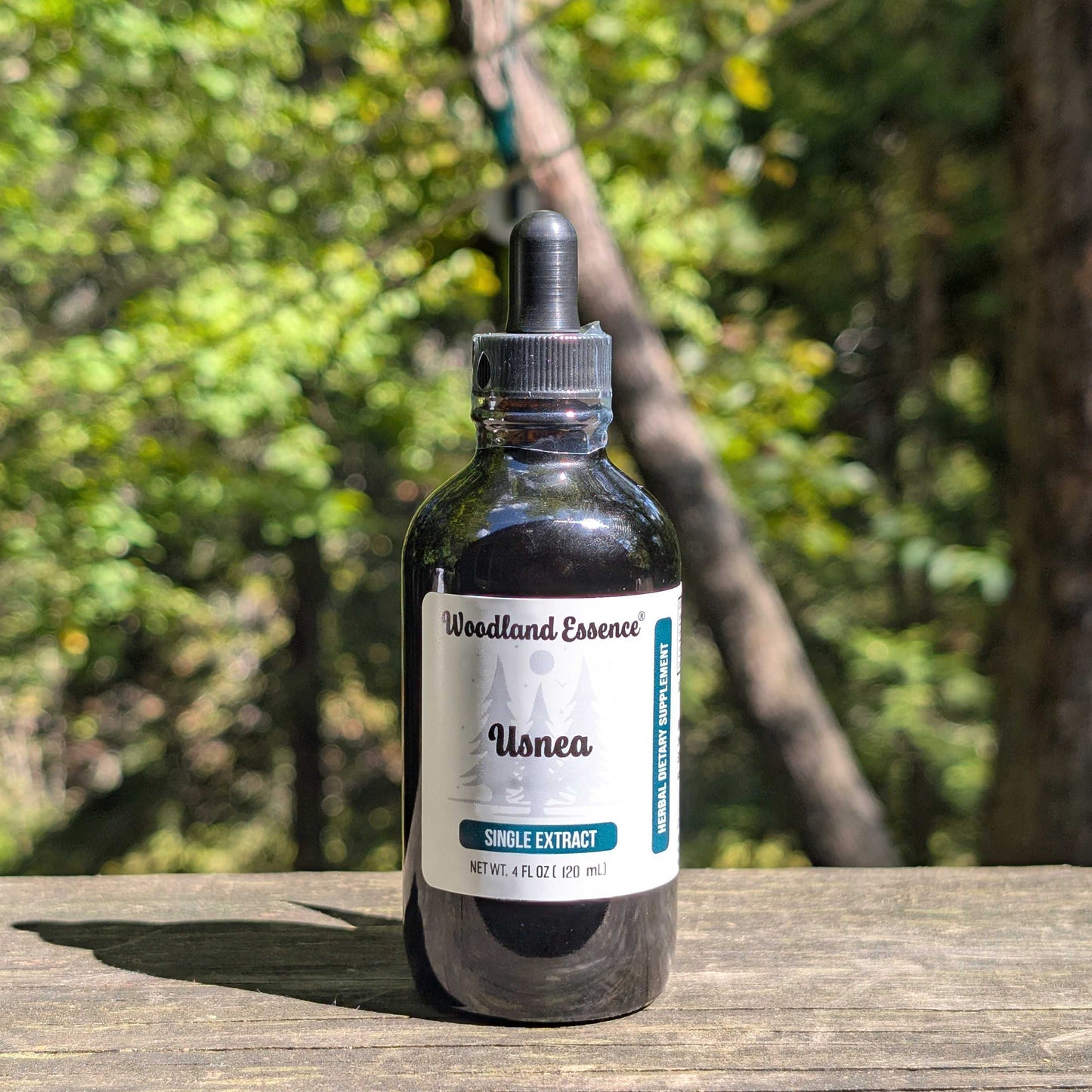 Bottle of Woodland Essence Usnea tincture on a wooden surface with a forest background