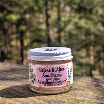 jar of before and after the sun creme of a wooden ledge with a forest background 