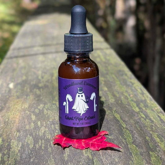 A small amber glass dropper bottle labeled 'Woodland Essentials Ghost Pipe Extract' sits on a weathered wooden surface outdoors, with a red leaf underneath and a blurred natural background.