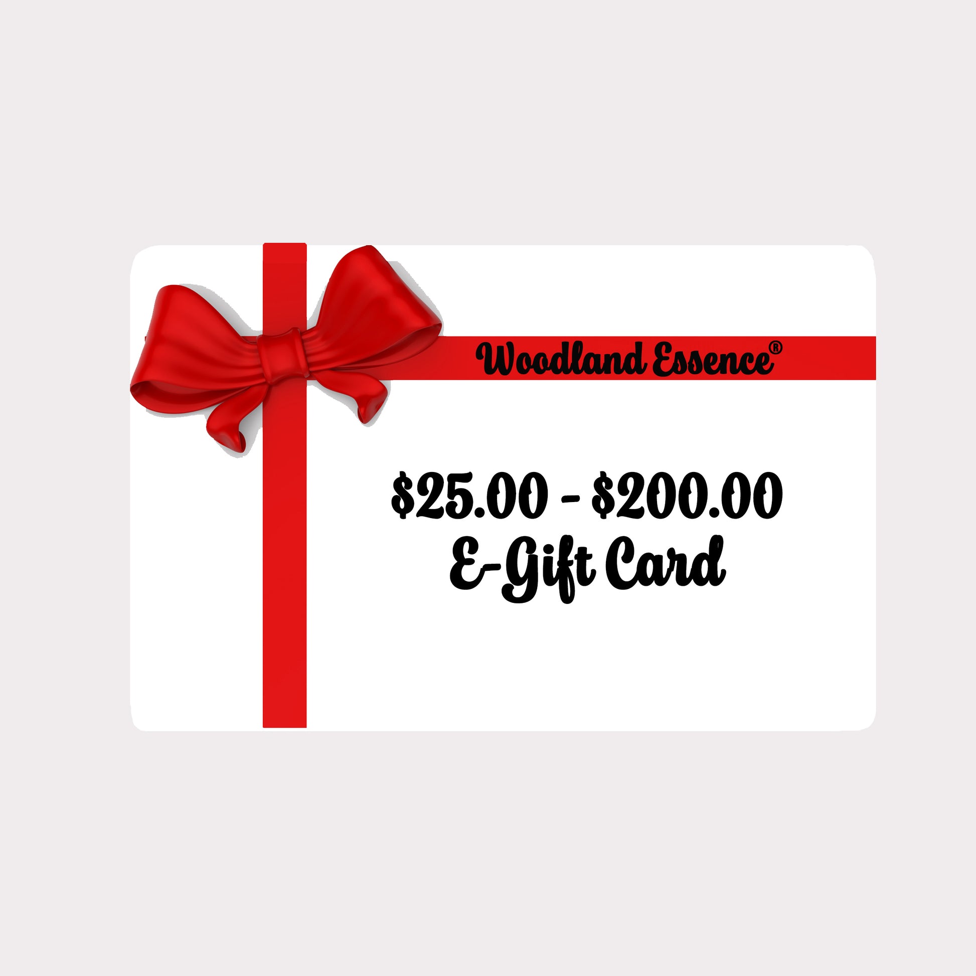 Woodland Essence e-gift card with a red bow on a white background