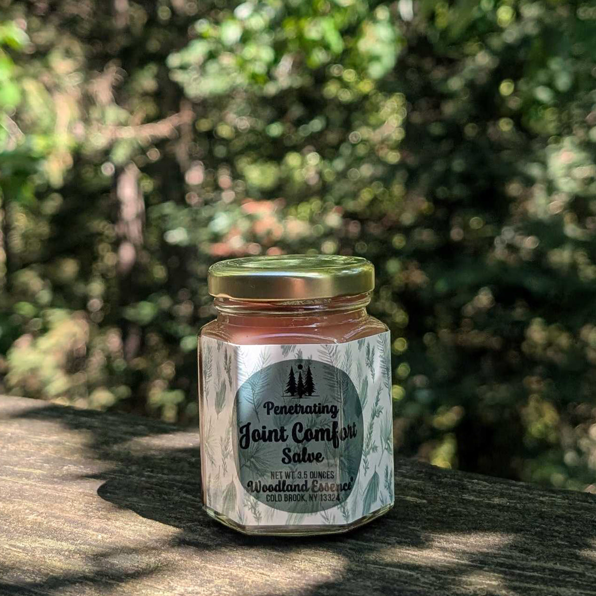 A glass jar of Penetrating Joint Comfort Salve with a gold lid and white label, sitting on a wooden surface with a blurred forest background.