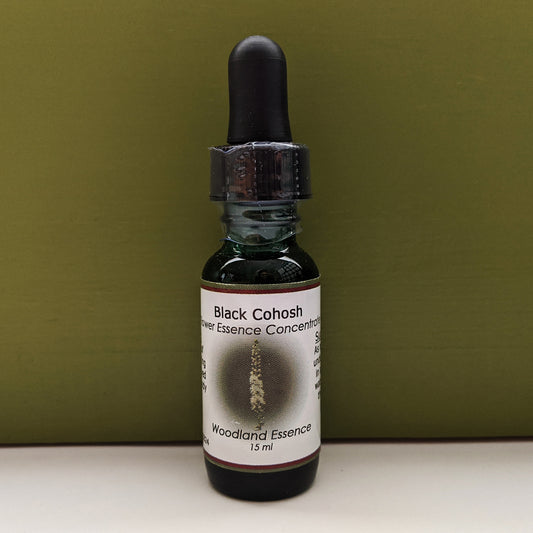 Black Cohosh Flower Essence bottle against green background 