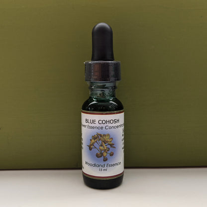 Blue Cohosh Flower Essence bottle against green background 