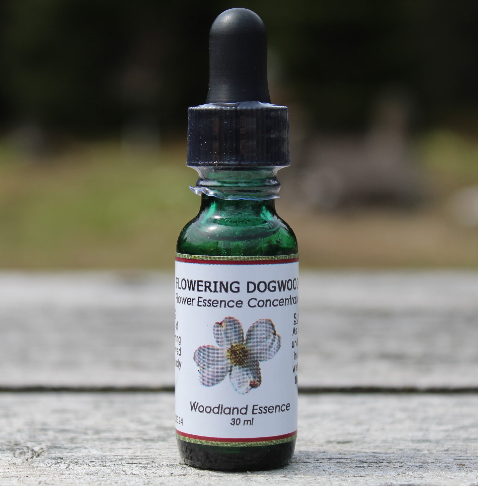 Flowering Dogwood Flower Essence bottle on picnic table 