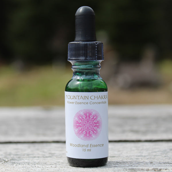 Bottle of Fountain Chakra Flower Essence on picnic table 