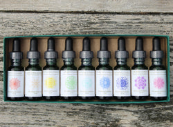 All Chakra flower essence bottles on picnic table 