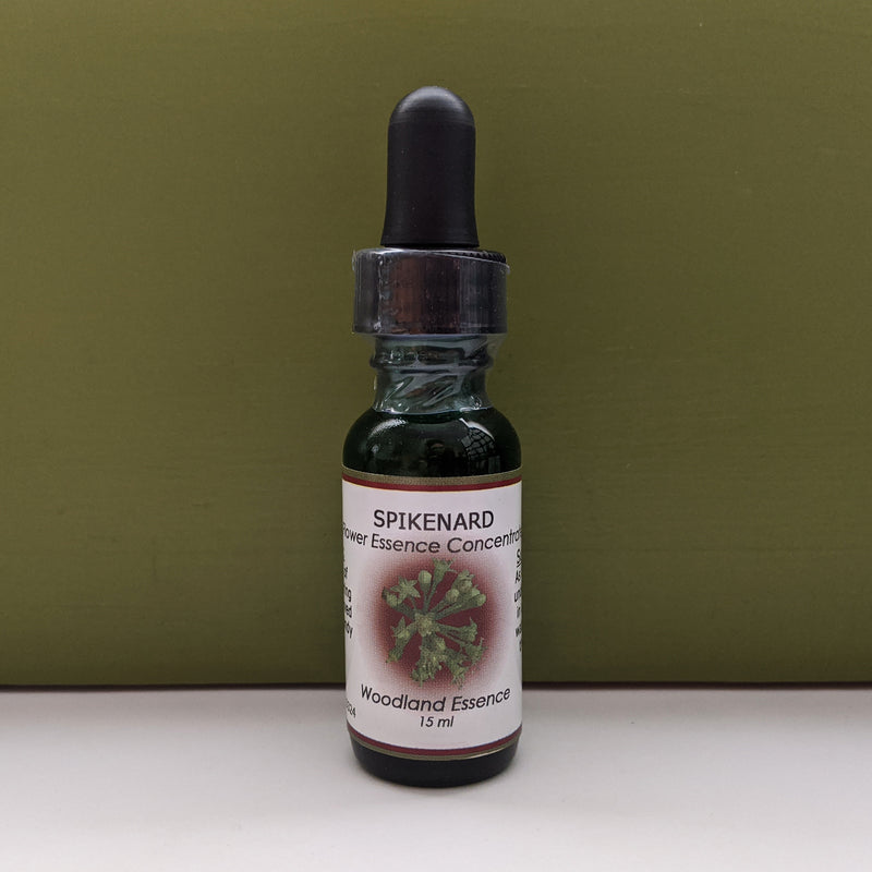 Bottle of Spikenard Flower Essence against green background 