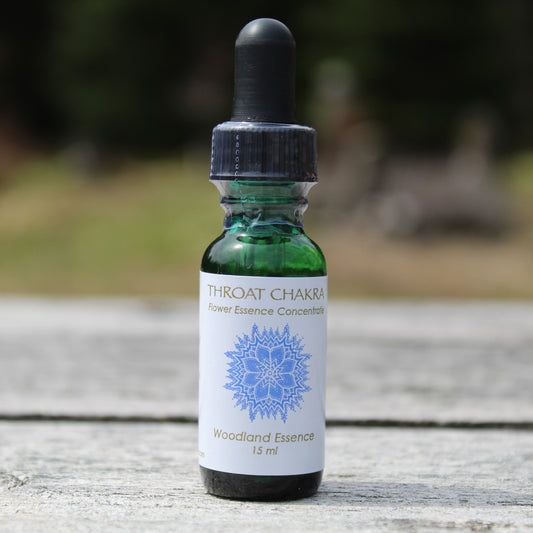 Bottle of Throat Chakra Flower Essence on picnic table 